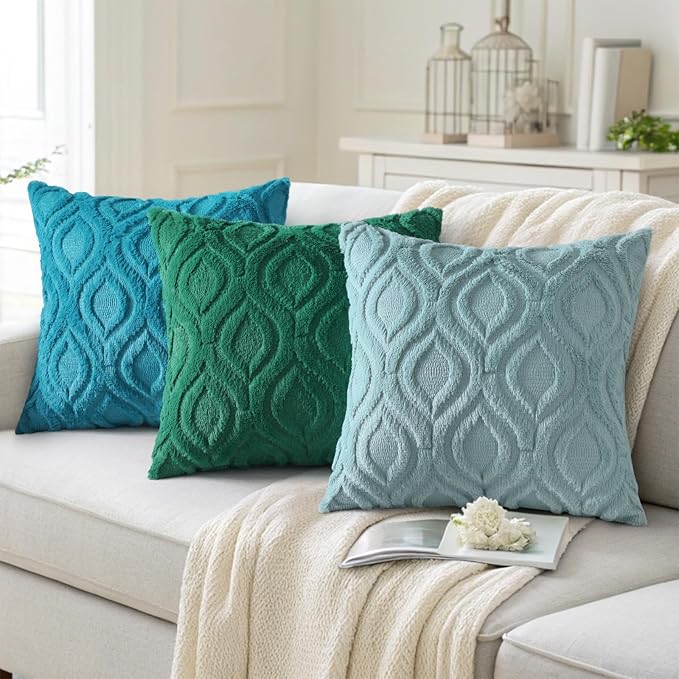 decorUhome Summer Throw Pillow Covers 12x20 Inch Set of 2, Soft Plush Faux Wool Aqua Solid Couch Pillow Covers, Accent Farmhouse Neutral Rectangle Pillow Cases for Sofa Bed Living Room