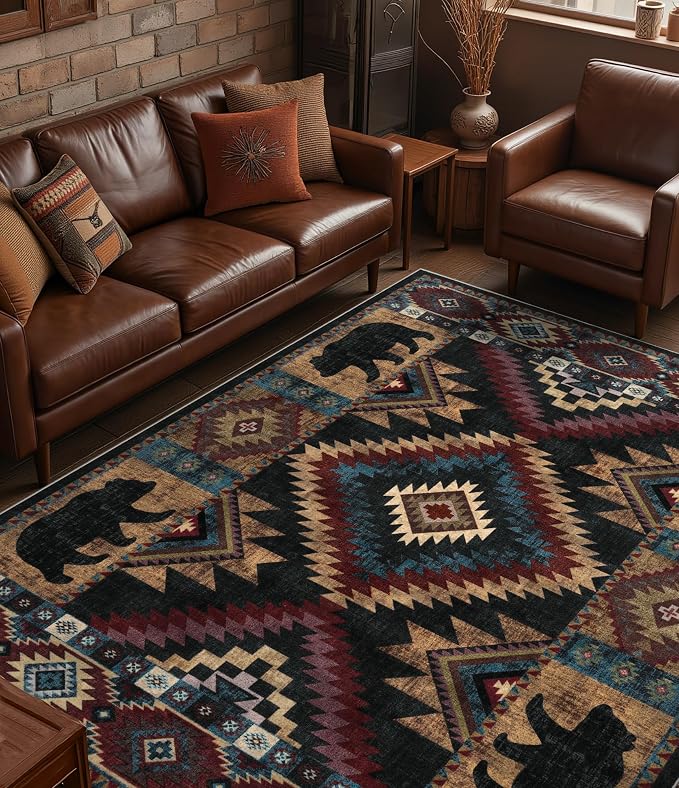 YIHOUSE Rustic Cabin Area Rug for Bedroom 6x9,Machine Washable Lodge Bear Rug,Non-Slip Low Pile Print Pattern Western Rug for Living Room