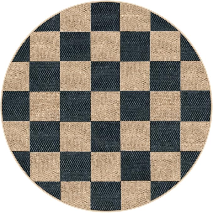 Lahome Checkered Easy Jute Entryway Rug, 3ft Round Washable Rugs Black | Farmhouse Natural Diamond Outdoor Carpet, Non Slip Non Shedding Mat for Indoor Front Door Entrance Kitchen Patio Porch Foyer