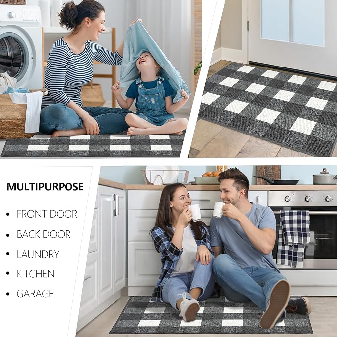FONEYI Buffalo Plaid Outdoor Rug, 20"x59" Checkered Front Door Mat, Non Slip Absorbent Entryway Rug Doormat Indoor, Washable Outdoor Rugs for Layered Door Mats Front Porch/Farmhouse Grey and White