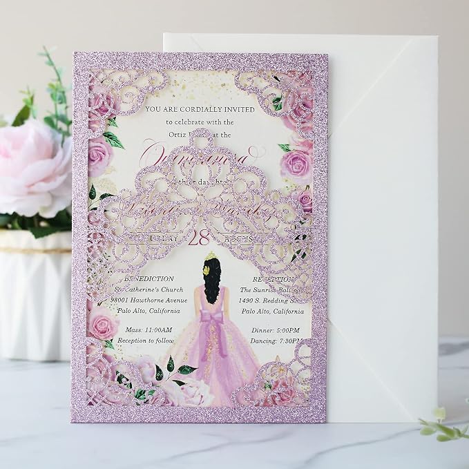 Hosmsua 50PCS 5.1x7.3 Inch Blank Purple Glitter Quinceanera Invitations Kit Laser Cut Floral Crown Pocket Quinceañera Invitation with Envelopes for Birthday Bridal Shower Quince Invite