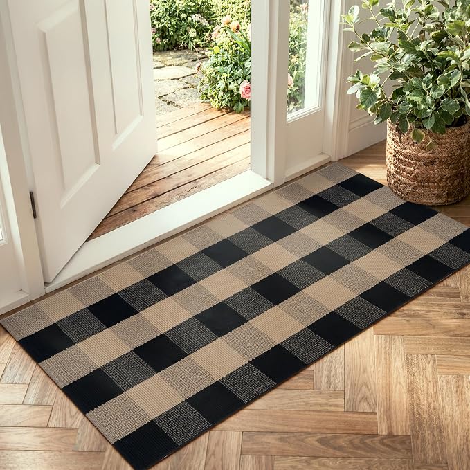 OJIA Buffalo Plaid Checkered Rug 24"x51" Fall Front Door Mat Outdoor Rugs | Black Tan Washable Door Mats Outdoor Entrance Woven Welcome Mat Indoor Outdoor Farmhouse Layered Doormats for Porch Entryway