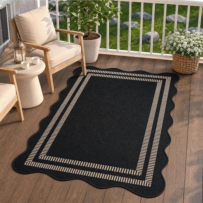 EDIMENS Scalloped Easy Jute 3x5 Outdoor Rug, Washable Non-Slip Geometric Black Rugs for Entryway, Indoor Outdoor Farmhouse Rug Modern Carpet Door Mat Area Rug for Patio Living Room Porch Kitchen