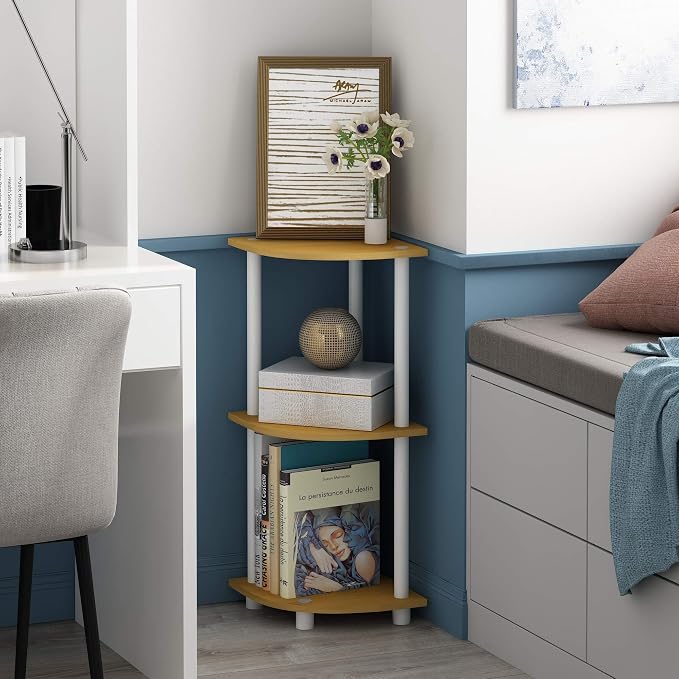 Furinno TURN-N-TUBE Corner Shelf, 3-Tier Corner Bookshelf, Display Storage Shelves with Open Shelves, for Organization and Storage, Living Room, Home Office, Garage, Beech