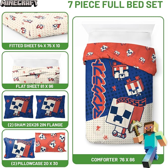 Minecraft Creeper Full Comforter Set 7 Piece Soft Kids Bedding, Blue | Oishi Market, Bed in a Bag, Comforter Sheets Shams Pillowcases, Official Product, Microfiber, Machine Washable, Kids Gift