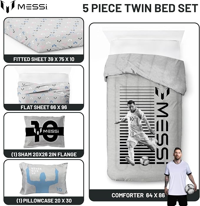 Jay Franco Kids Comforter Set Includes Sheets and Pillow Cover - Soft and Cozy Bed Set for Stylish Room Décor, Grey - Messi, 5 Piece Twin