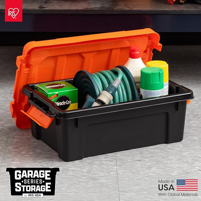 IRIS USA Lockable Storage Bins with Lids, 12 Gallon Heavy Duty, 2 Pack | Made in USA with lockable latches for garage organization, moving, camping gear, tools, equipment, and seasonal storage.