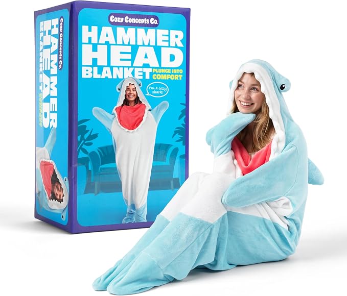 Cozy Concepts Co. Hammerhead Shark Blanket by Relatable, Wearable Blanket with Sleeves for Hands Free Convenience, Fun and Unique Idea for Room Decor or Gifts, Comfortable Oversized 65" Throw Blanket