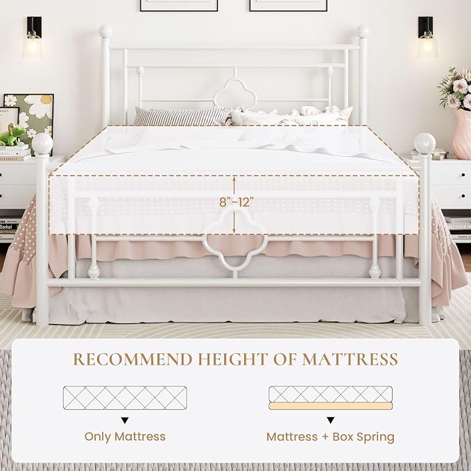 SHA CERLIN 14 Inches Queen Size Metal Platform Bed Frame/Vintage Iron-Art Headboard and Footboard/Mattress Foundation for Storage/No Box Spring Needed/Noise-Free/Easy Assembly/White