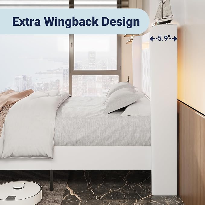 Allewie Full Size Upholstered Bed Frame with LED & Charging Station, White | Customizable LED lights, charging station, tufted wingback headboard, noise-reducing support, and no box spring needed.