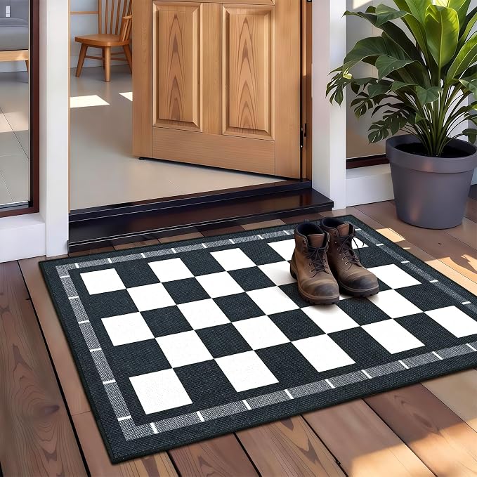 Vasofe Jute Checkered Rug, 2x3 Small Entry Rug, Outdoor Doormat, Indoor Mat | Washable Front Door Mat Kitchen Rug Non Slip Area Rugs, Farmhouse Low Pile Carpet for Entryway Porch, Black and White