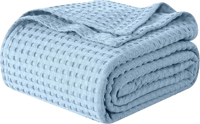 Elegant Comfort Premium 100% Cotton Waffle Blanket - Lightweight Breathable Waffle Weave Bed Blanket - Soft and Warm All Season Blanket for Couch, Sofa and Bed, King Size 90x108 Inches, Light Blue