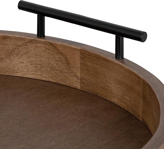 Kate and Laurel Lipton Modern Round Wood Tray, 15.5" Diameter, Rustic Brown with Black Handles, Decorative Accent Tray for Storage and Display