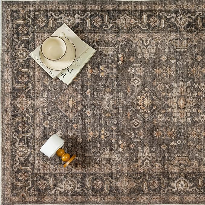 12x15 Washable Area Rug for Living Room Bedroom Vintage Brown Non Slip Carpet Traditional Retro Soft Low Pile Large Throw Rug for Dining Room Kitchen Office Indoor