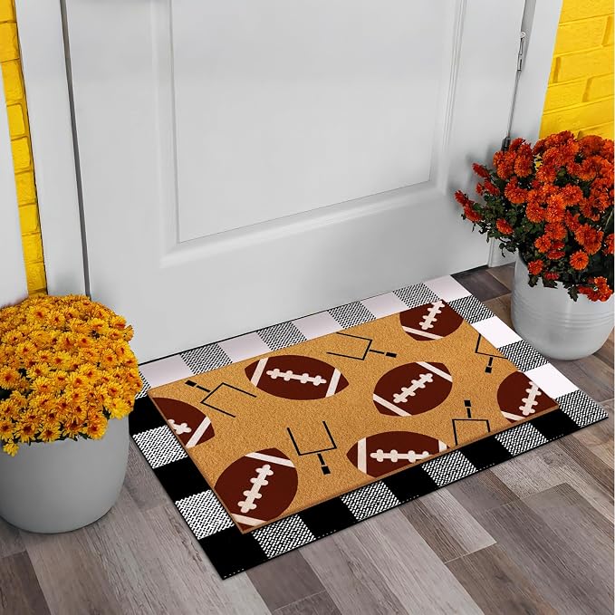 Tinideya 2 Pcs Football Theme Door Mat American Ball Design Welcome Non Slip Coir Mats Sports Floor Layering Doormats Seasonal for Front Porch Entryway Decor(Football Theme)