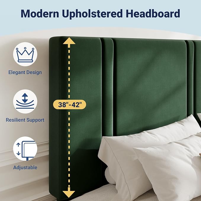 Allewie California King Size Platform Bed Frame with Adjustable Headboard | Plush Velvet Upholstered, Vertical Channel Tufted, Sturdy Wood Slats, No Box Spring Needed, Easy Assembly, Green