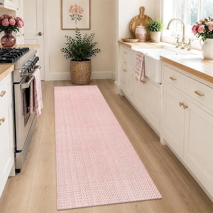 Rugalia Washable Woven Indoor Outdoor Runner Rug 2x6, Pink Cotton Rug Runners for Hallway Non-Slip Long Kitchen Mat, Modern Natural Throw Runner Carpet for Entry Porch Laundry Patio