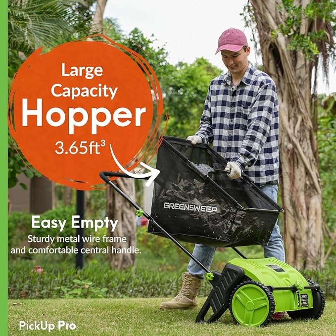 GreenSweep Pickup Pro V26 with AntiLock Drive – Push Lawn Sweeper for Leaves, Grass Clippings & Garden Debris – Large Capacity Hopper