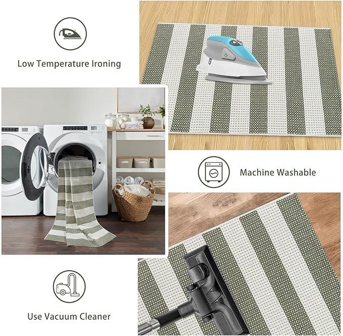Green and White Striped Rug-2x3 Front Door Mat Outdoor,Washable Reversible Porch Rug Cotton Hand-Woven Spring Doormat, Foldable Layered Door Mats for Entryway/Farmhouse