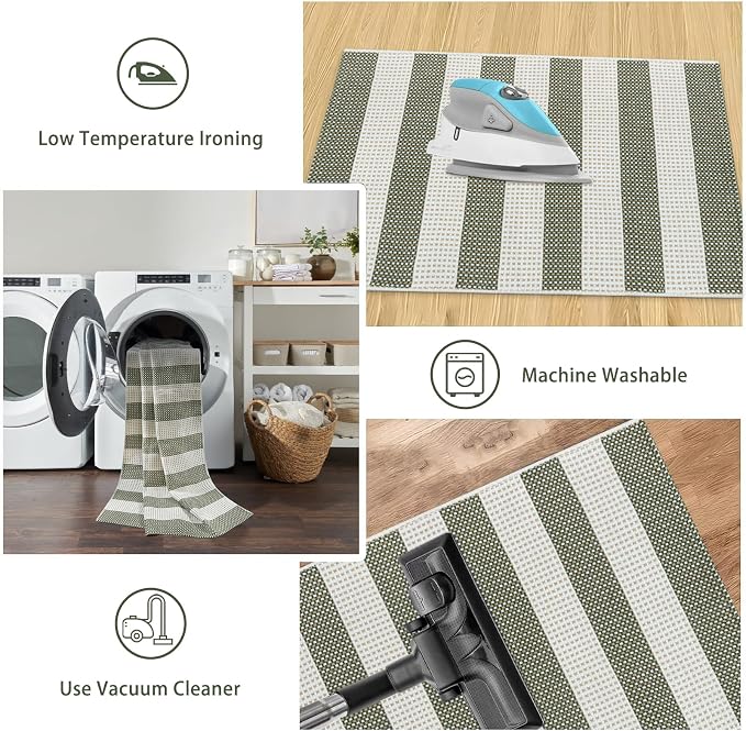 Green and White Striped Outdoor Rug 4x6 ft, Washable Cotton Woven Patio Rug, Reversible Foldable Front Porch Decor Indoor Outdoor Rugs for Farmhouse/Living Room