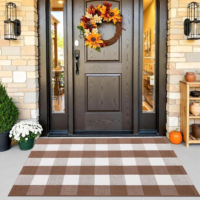 OLANLY Buffalo Plaid Rug 2'4" x 3'7" (27.5" x 43") | Coffee and White Cotton Checkered Doormat, Washable Indoor Outdoor Rug for Layered Front Porch, Kitchen, Entryway Decor
