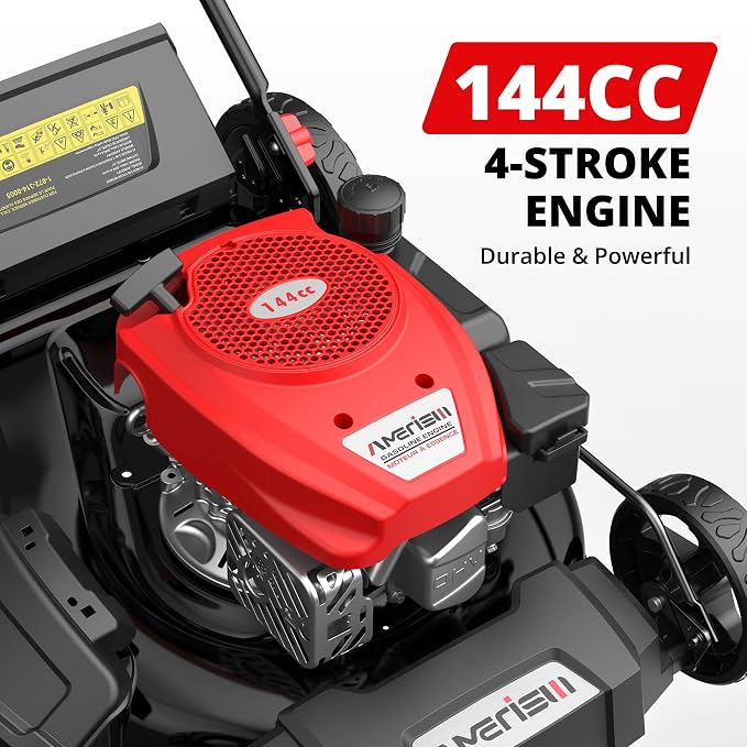 AMERISUN 21-Inch Gas Lawn Mower, 144cc 4-Stroke OHV Engine, 2-in-1 Push Lawn Mower with Mulching & Side Discharge, 6-Position Height Adjustment, 7-Inch Front/10-Inch Rear Wheels