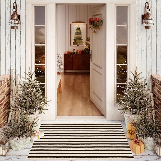 OJIA Front Door Mat Outside Entrance 24"x51" Striped Outdoor Mat Porch Rug | Machine Washable Indoor Outdoor Rug Layered Doormat Front Door Rug Cotton Woven Entryway Rug for Kitchen/Farmhouse/Home Decor