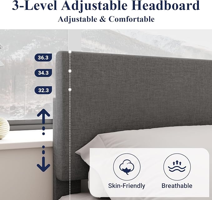 Allewie Full Size Upholstered Bed Frame Adjustable Headboard, Dark Grey | Platform Bed with Heavy Duty Mattress Foundation, Noise-Free, Easy Assembly, Wood Slat Support, No Box Spring Needed