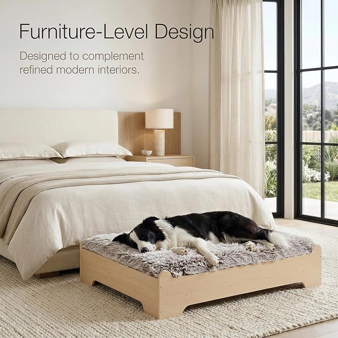 Elevated Wooden Dog Bed with Foam Mattress, Natural Wood, Large | Raised Dog Bed with Washable Cover and Supportive Foam Mattress, Crafted for Large Dogs and Modern Homes