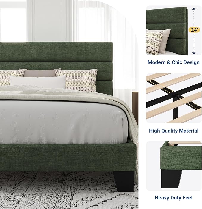 Allewie King Size Platform Bed Frame with Velvet Upholstered Headboard and Wooden Slats Support, Fully Upholstered Mattress Foundation/No Box Spring Needed/Easy Assembly, Green