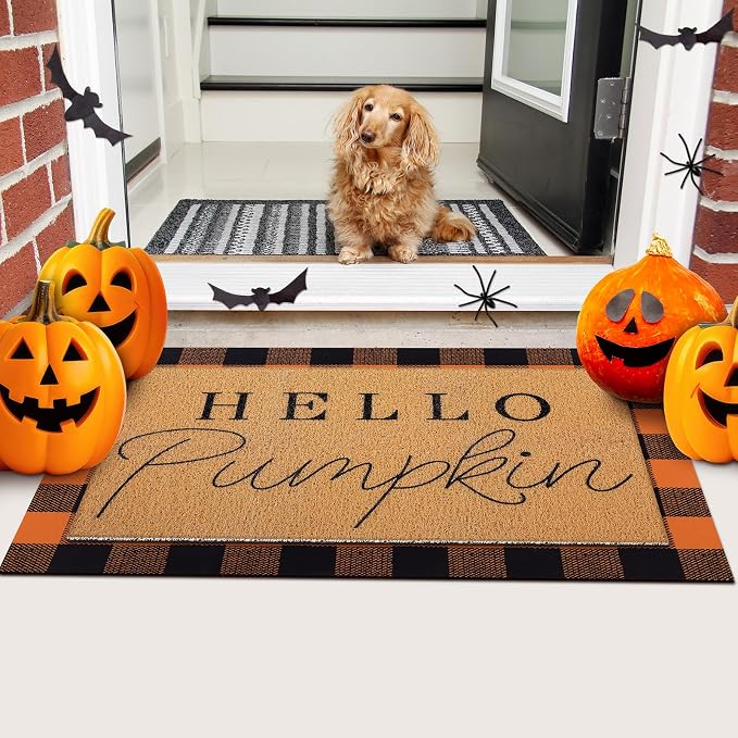 Tinideya 2 Pcs Fall Layering Door Mat Sets, Hello Pumpkin Coir Mats with Black Orange Rug for Autumn Thanksgiving Front Porch Entryway Decor