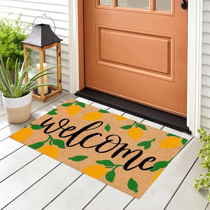 JarThenaAMCS Lemon Natural Coir Door Mat Yellow Summer Lemon Welcome Floor Mat Non-Slip Entrance Door Rugs for Indoor Outdoor Home Bathroom Decor, 16.5 x 29 Inch