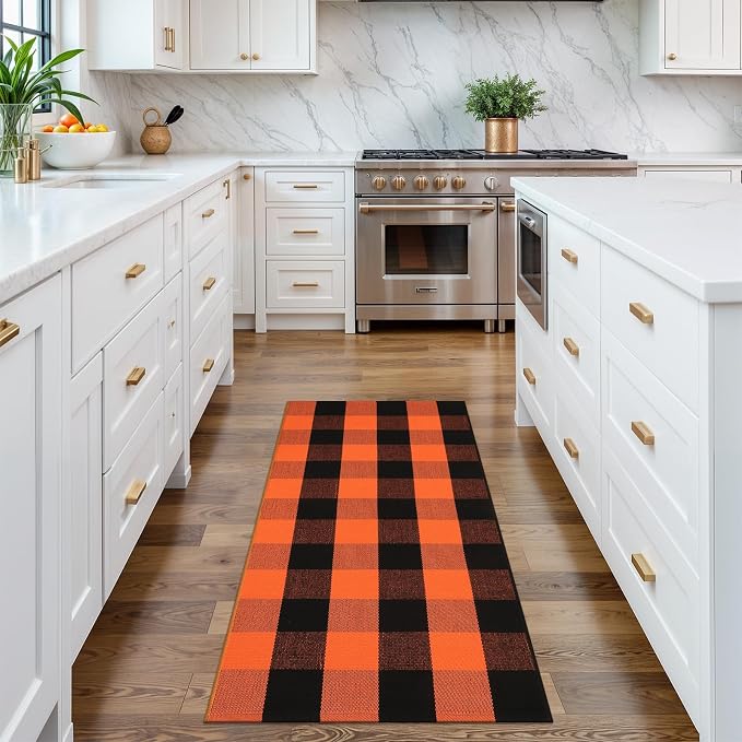 Collive Buffalo Plaid Checkered Outdoor Rug, Black and Orange Halloween Fall Decor Door Mat, 2x4.3 Front Porch Rug, Washable Cotton Welcome Mat Layered Doormat Outside Entrance for Kitchen Entryway