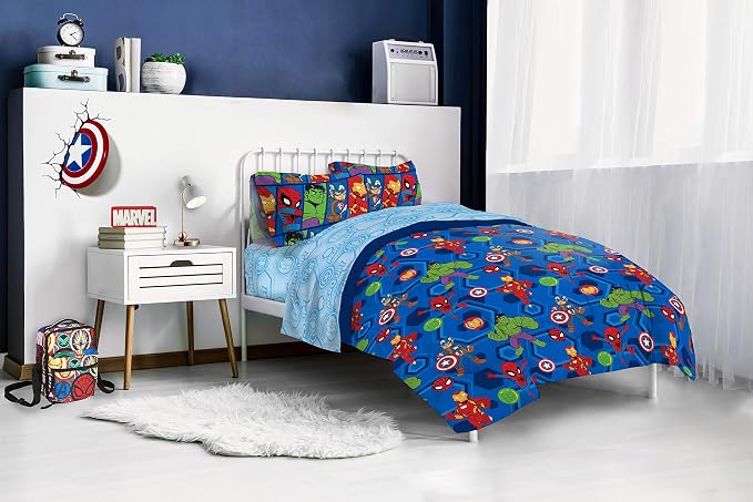 Marvel Avengers Twin Comforter Set 4 Piece Kids Bedding for Boys, Blue | Spiderman Superhero, Comforter Sheets Pillowcase, Official Product, Soft Microfiber, Machine Washable, Easy Care, Boys Gift