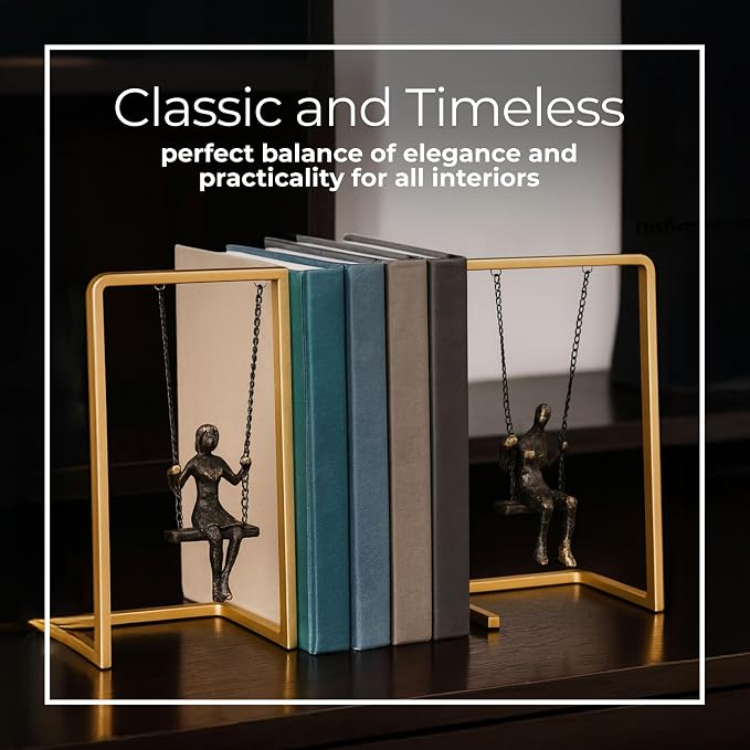 Set of 2 Swinging People Decorative Bookends – Modern Shelf Decor Accents with Gold Metallic Frame – Stylish and Elegant Office & Home Decor Organizer – 10", Gold