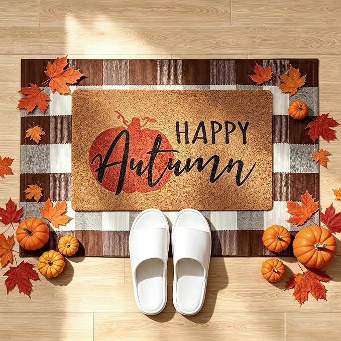 2 Pcs Autumn Outdoor Doormat Welcome Coir Doormat Rug Layered Red White Buffalo Plaid Mat for Front Porch Entryway