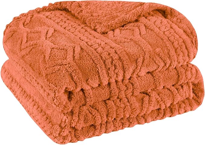 SUPERIOR Fleece Boho Jacquard Blanket, Decorative Blankets for Bedroom, Sofa, Fuzzy, Plush, Fluffy, Soft, Cute Room Decor, Beautiful Cover, Comfort Essentials, Arctic Collection, Throw, Dusty Orange