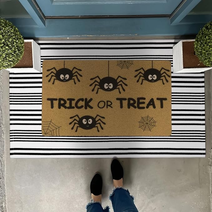 OJIA Black and White Outdoor Rug 24"x51" Front Door Mat Fall Porch Decor | Machine Washable Outdoor Doormat Woven Front Porch Rug Indoor Door Mat Entryway Striped Rugs for Farmhouse/Kitchen/Entrance