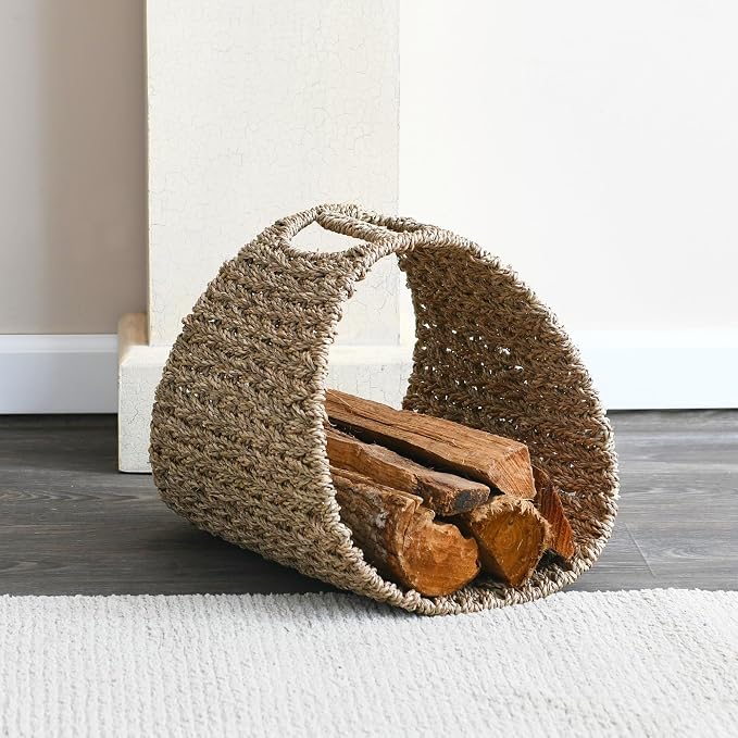 Household Essentials Handwoven Seagrass and Iron Magazine Rack, Natural Finish