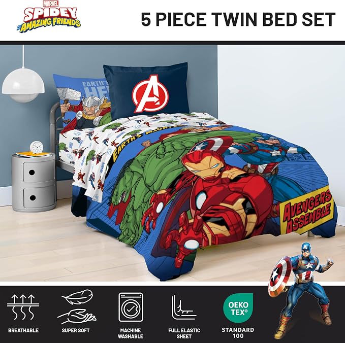 Jay Franco Kids Bed Set, Blue, Avengers, 5 Piece Twin | Cozy Soft Bedding for Stylish Room Décor with Comforter, Sheets & Pillow Covers