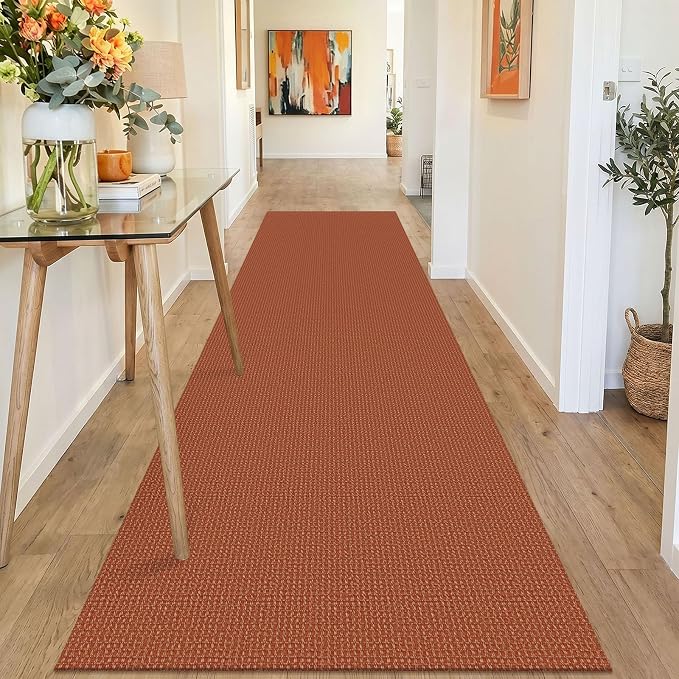 IOHOUZE Washable Runner Rug 3x10 Non Slip Rubber Backed Long Hallway Runner Entryway Runner Indoor, Kitchen Rugs Woven Cotton Floor Carpet for Hall Entrance, Burnt Orange/Tan