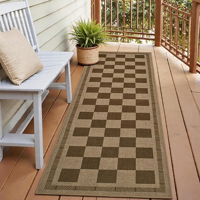 Vasofe 2x6 Jute Checkered Rugs, Outdoor Runner, Runner Rug for Hallway | Washable Patio Porch Balcony Runners Indoor Bedroom Kitchen Laundry Mat, Non Slip Plaid Farmhouse Carpet, Nature and Brown