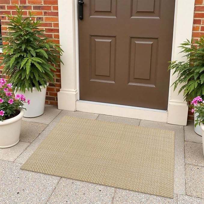 Rugalia Washable Woven Indoor Outdoor Doormat, 2x3 Natural Beige Cotton Small Entryway Rug Low Pile Non-Slip Kitchen Rug, Modern Farmhouse Neutral Throw Rug for Porch Bathroom Entrance Bedroom