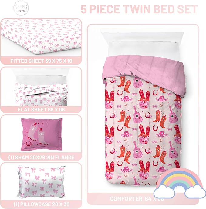 Trend Collector Cowgirl Twin Comforter Set 5 Piece Kids Bedding, Pink | Bed in a Bag, Comforter Sheets Sham Pillowcase, Soft Microfiber, Machine Washable, Easy Care, Girls Gift