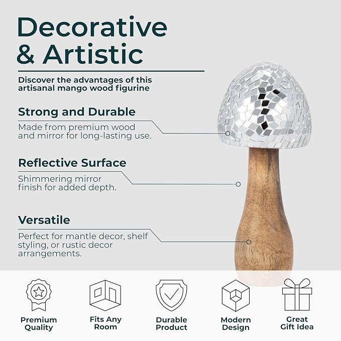 Mango Wood Mushroom Figurine Sculpture – Room Decor Accent for Shelf, Console, or Desk Placement, Boho Home Decor Mosaic Design Detail – 8", Silver and Natural Wood Finish