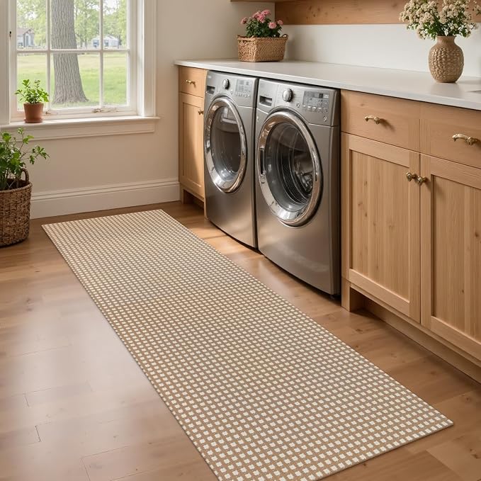 Rugalia Washable Woven Indoor Outdoor Runner Rug 2x6, Camel Cotton Rug Runners for Hallway Non-Slip Long Kitchen Mat, Modern Plaid Neutral Throw Runner Carpet for Entry Porch Patio Bedroom