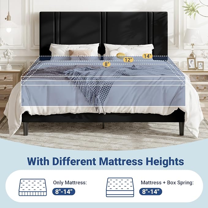 Allewie California King Size Platform Bed Frame with Adjustable Headboard | Plush Velvet Upholstered, Vertical Channel Tufted, Sturdy Wood Slats, No Box Spring Needed, Easy Assembly, White