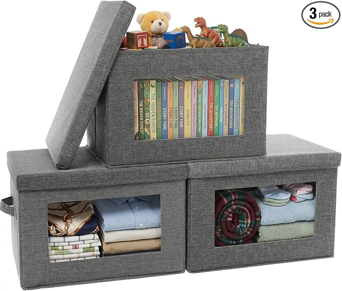 3-Pack Storage Bins with Lids & Clear Window, Foldable Fabric Closet Organizer Boxes, Stackable Cube Baskets with Soft Handles for Clothes & Blankets, 15", Grey