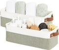 StorageWorks Narrow Storage Bins, Small Basket for Closet and Shelves, Fabric Organizer with Handles, Toilet Paper Storage, Green and White, 2-Pack