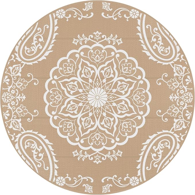 Pauwer Outdoor Rug 8ft, Waterproof Plastic Straw Camping Rug, Boho Brown | Reversible Patio Rug, UV Resistant Indoor Outdoor RV Mat Carpet For Deck, Camper, Porch, Balcony, Backyard, Picnic, Foldable